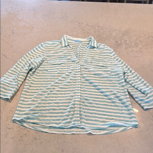 J McLaughlin Blue White Striped Linen Blend Button Down XL